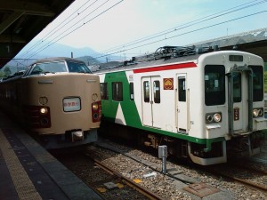 Deux trains en gare de Nikko (Japon), à droite le nôtre