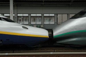 Deux motrices de générations différentes sont couplées pour former le Shinkansen Tsubasa Tokyo-Omiya